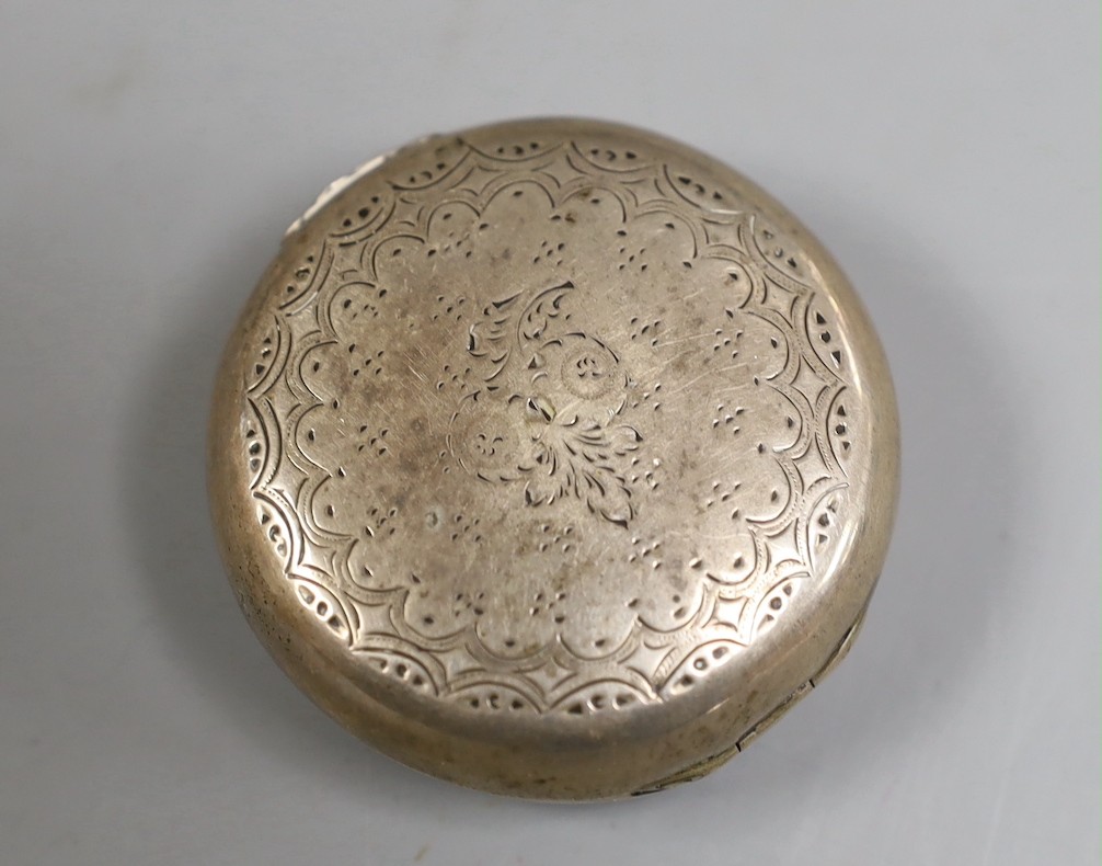 A late Victorian silver sugar bowl, London, 1897, diameter 90mm, a late Victorian silver trinket box and a Dutch white metal circular pill box.